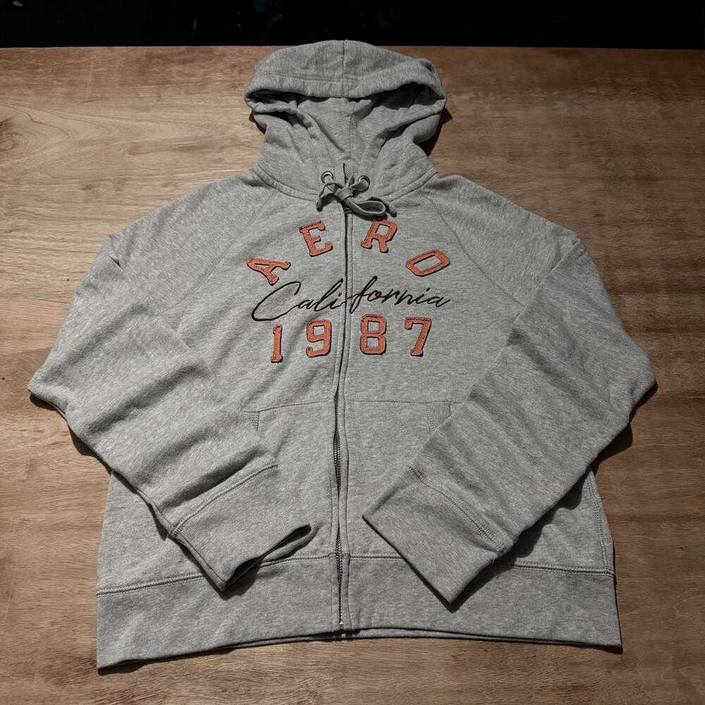 Aeropostale Gray Full Zip Hoodie Sweatshirt California 1987 Applique Logo Size L